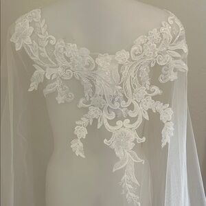 Elegant White Lace Appliqué wedding cape long